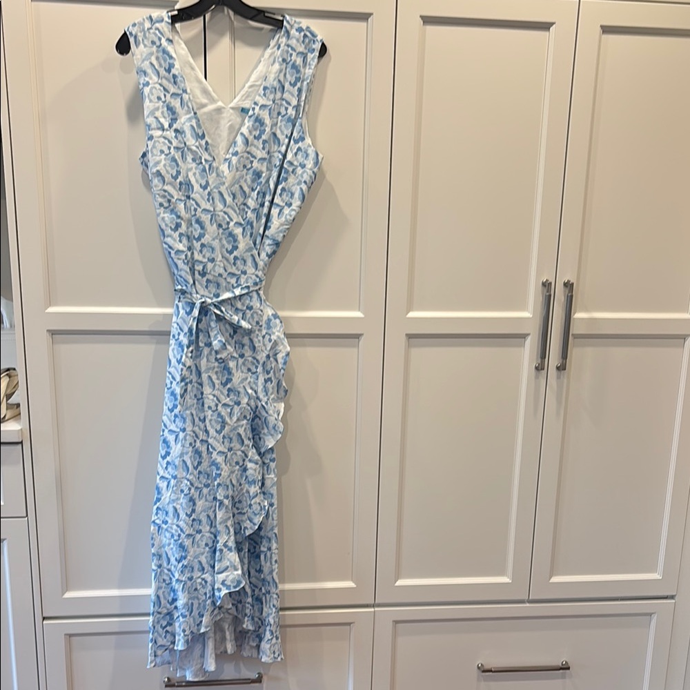 JMcLaughlin Cerise dress. Blue and white floral pattern. Wrap dress